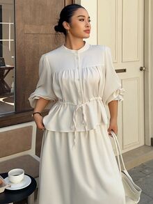 Dazy Plus Plus Size Elegant Cinched Waist Blouse With Flared Sleeves And Skirt, Playful Commuter 2 Pieces Set For Spring And Autumn - Apricot - View 4
