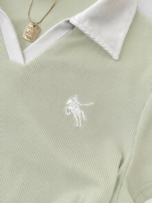 SHEIN 青少年女孩皇家藍與白色領口針織休閒拼色收腰修身T恤，附小Logo刺繡 - 薄荷綠 - 查看 7