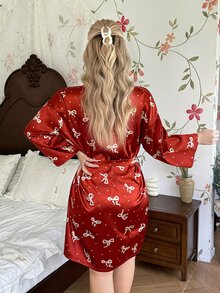 CottageSlumber Bow Print Faux Silk Minimalist Plus Size Robe - Burgundy - View 2