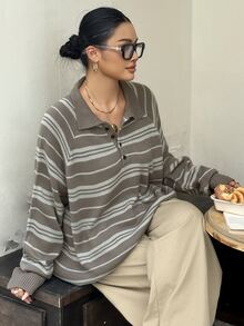 Livesso Contrast Color Striped Polo Long Sleeve Loose Casual Vacation Retro Streetwear Spring Autumn Knit Sweater - Olive Green - View 4