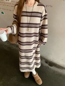 DAZY Women's Striped Round Neck Dropped Shoulder Long Sleeve Casual Knit Dress Fall - Khaki - View 1
