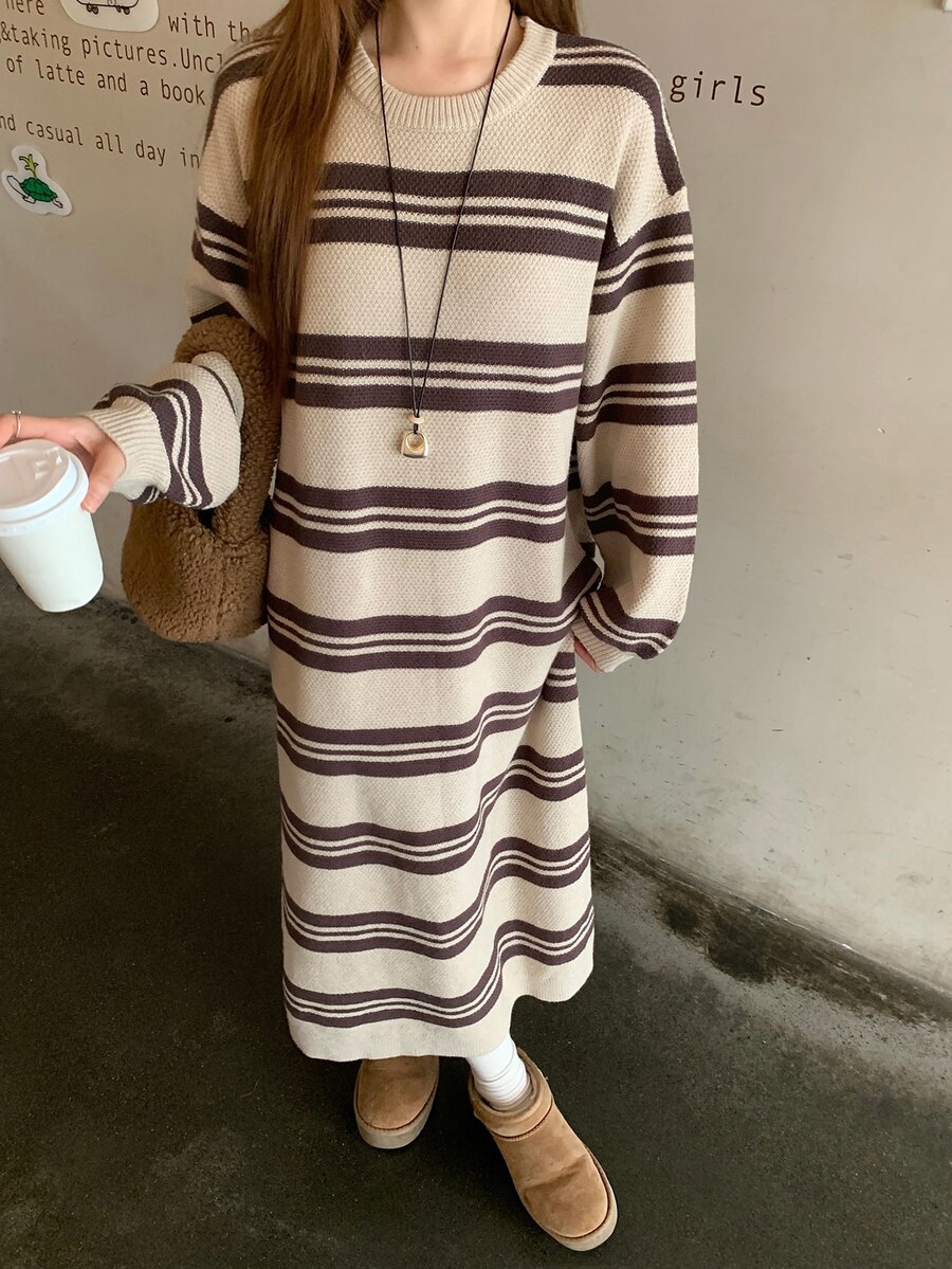 DAZY Women's Striped Round Neck Dropped Shoulder Long Sleeve Casual Knit Dress Fall - Khaki - View 1