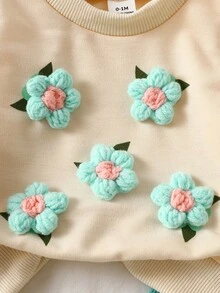 SHEIN 新生女嬰休閒甜美3D花朵衛衣與羅紋長褲套裝 - 綠色 - 查看 10