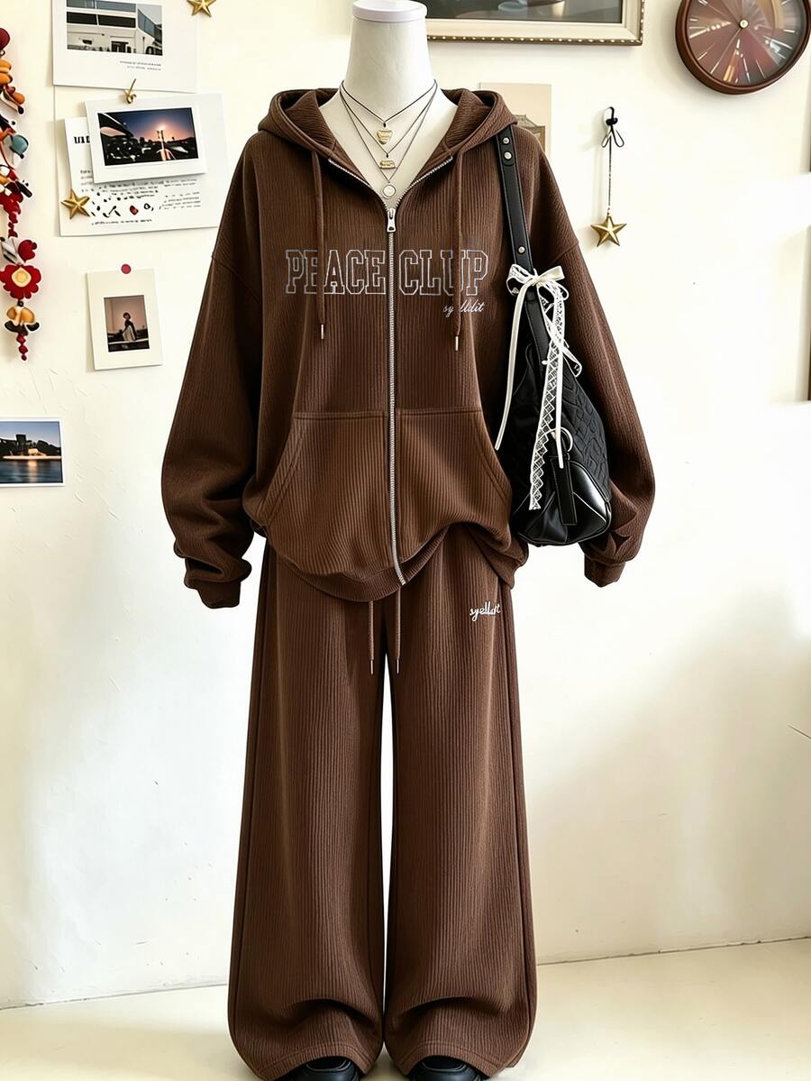 Lalippa 字母圖案刺繡時尚極簡女款連帽拉鍊運動衫兩件套,送給朋友的禮物 - 棕色 - 查看 1