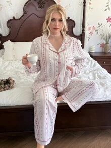 CottageSlumber Set Piyama Santai Ukuran Plus dengan Motif Kerut Gelembung, Model Kemeja, dan Kancing Depan - Baby Pink - View 6