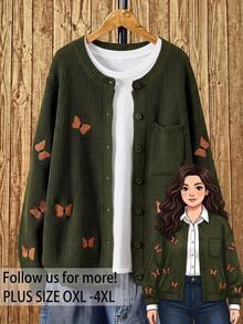 Rusticease Plus Size Army Green Ribbed Button Front Embroidered Round Neck Long Sleeve Cardigan Cozy Elegant Fall Winter 2026 - Army Green - View 10