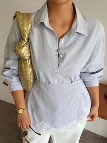 Dazy Plus Autumn Wrap Long Sleeve Light Blue Lace Patchwork Tie Waist Blouse For Commute, Wedding, Casual, Plus Size - Baby Blue - View 7