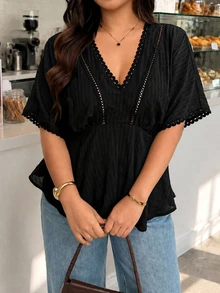 Vionelle Plus Size Black Wavy Ruffle V-Neck Blouse Hollow Patchwork Kimono Sleeves Cinched Waist Cropped Textured Shirt Casual Formal Birthday Summer - Black - View 5