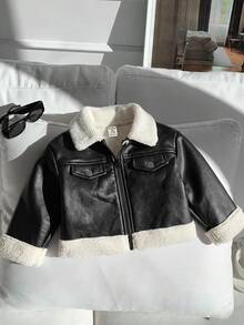 SHEIN 女嬰秋冬百搭可愛街頭風黑色保暖內裡拼色PU夾克外套 - 黑色 - 查看 4
