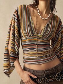 Bohemela Women's Vintage Brown Striped V-Neck T-Shirt With Split Flared Sleeves For Fall, Perfect For Vacations And Going Out - Multicolor - View 1