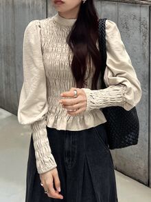 FRIFUL Women's Solid Color Pleated Casual Versatile Daily Long Sleeve T-Shirt Fall - Apricot - View 9