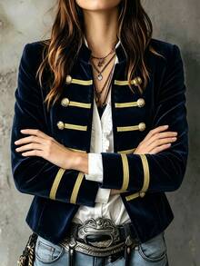 SHEIN Autumn Fashion Vintage Double-Breasted Jacket - Navy Blue - View 3