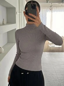DAZY 女款修身小立領長袖基礎層T恤 秋季 - 卡其色 - 查看 7