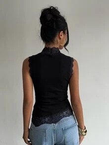 Aloruh 女款素色對比蕾絲立領修身時尚背心 - 黑色 - 查看 2