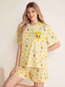 LOONEY TUNES X SHEIN Women's Round Neck Short Sleeve Top And Shorts Pajama Set - Yellow - View 5