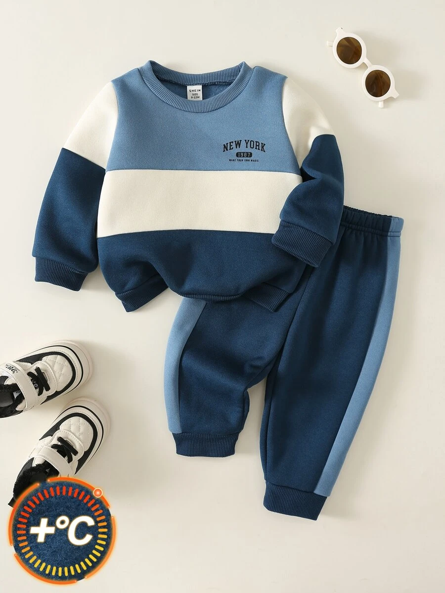 SHEIN Baby Boy Letter Print Knit Soft Crew Neck Long Sleeve Pullover Sweatshirt And Elastic Waist Long Pants 2-Piece Set - Multicolor - View 1