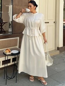 Dazy Plus Plus Size Elegant Cinched Waist Blouse With Flared Sleeves And Skirt, Playful Commuter 2 Pieces Set For Spring And Autumn - Apricot - View 5