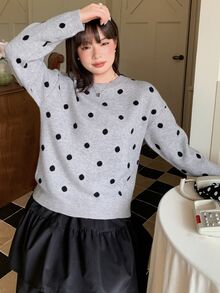 Dazy Plus Loose Business Casual Fashion Polka Dot Jacquard All-Over Print Pullover Knit Sweater, Autumn/Winter - Grey - View 5