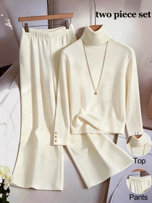 SHEIN Franclia Soft Aesthetic Fall Winter Two Pieces Co-Ord Set Off White Plush Velvet Turtleneck Top Gold Decorative Cuff Buttons High Waist Flared Wide Leg Pants - Apricot - View 5