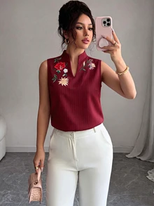 SHEIN 女款無袖優雅休閒刺繡純色襯衫，適合工作與休閒，春/夏 - 酒紅色 - 查看 7