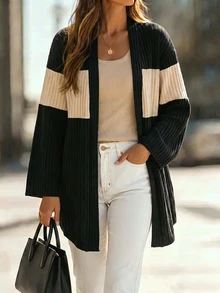 RosyDaze Women's Loose Casual Minimalist Colorblock Lightweight Cardigan, Simple Fashion Thin Jacket, Suitable For Daily Wear Home Travel Black Fall Office - Black - View 1