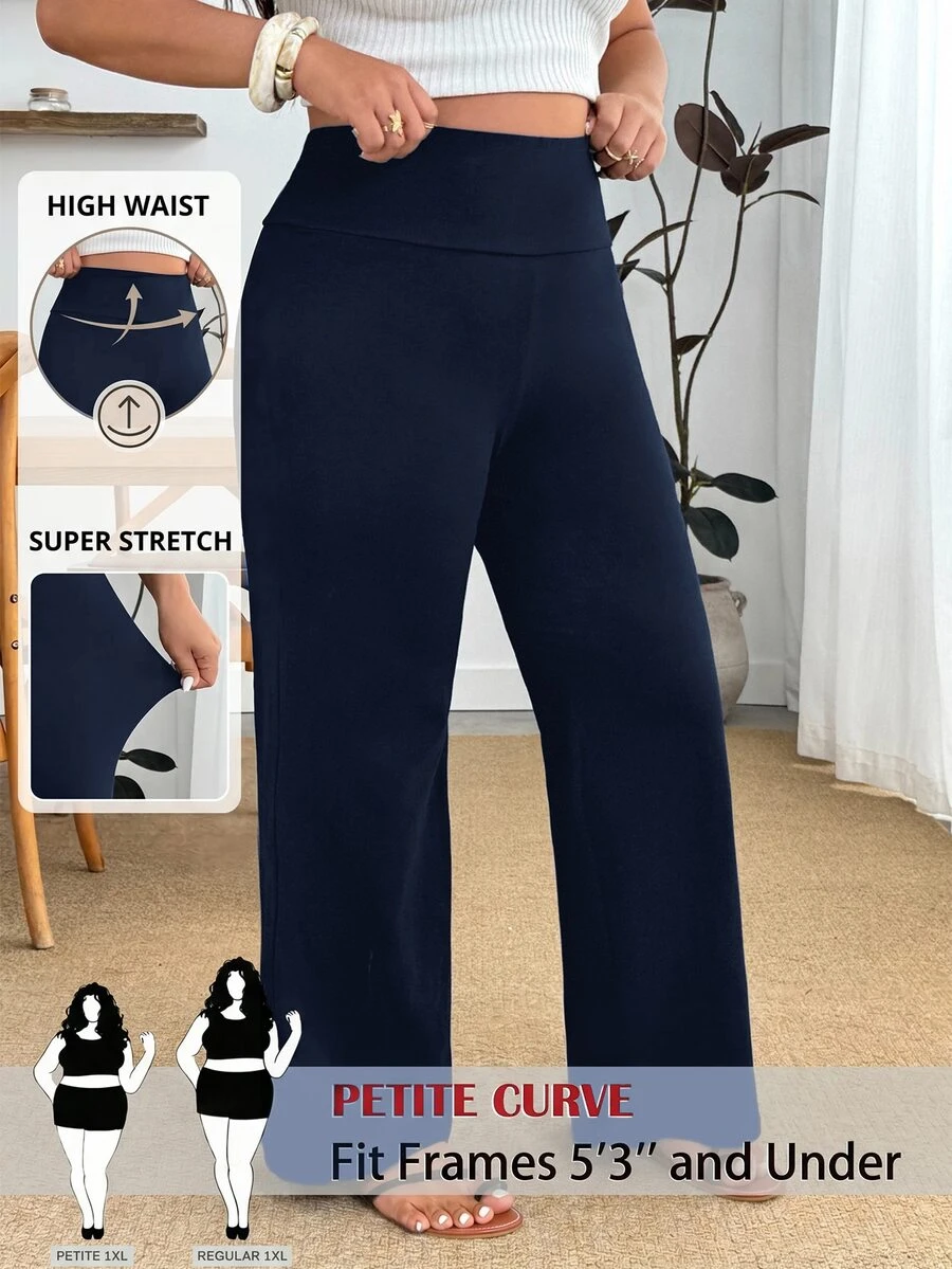 SHEIN PETITE CURVE 大尺碼女款純色休閒百搭日常穿著長褲 - 藏蓝色 - 查看 1