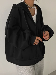 Dazy Plus Sweatshirt Hitam Baru Gaya Blogger Kasual Jalanan Warna Polos dengan Resleting dan Tudung, Cocok untuk Musim Semi/Gugur - Hitam - View 3