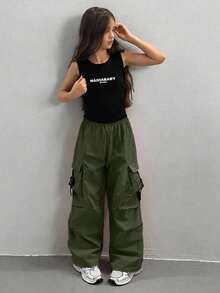 少女纯色休闲百搭日常工装裤 - 軍綠色 - 查看 3