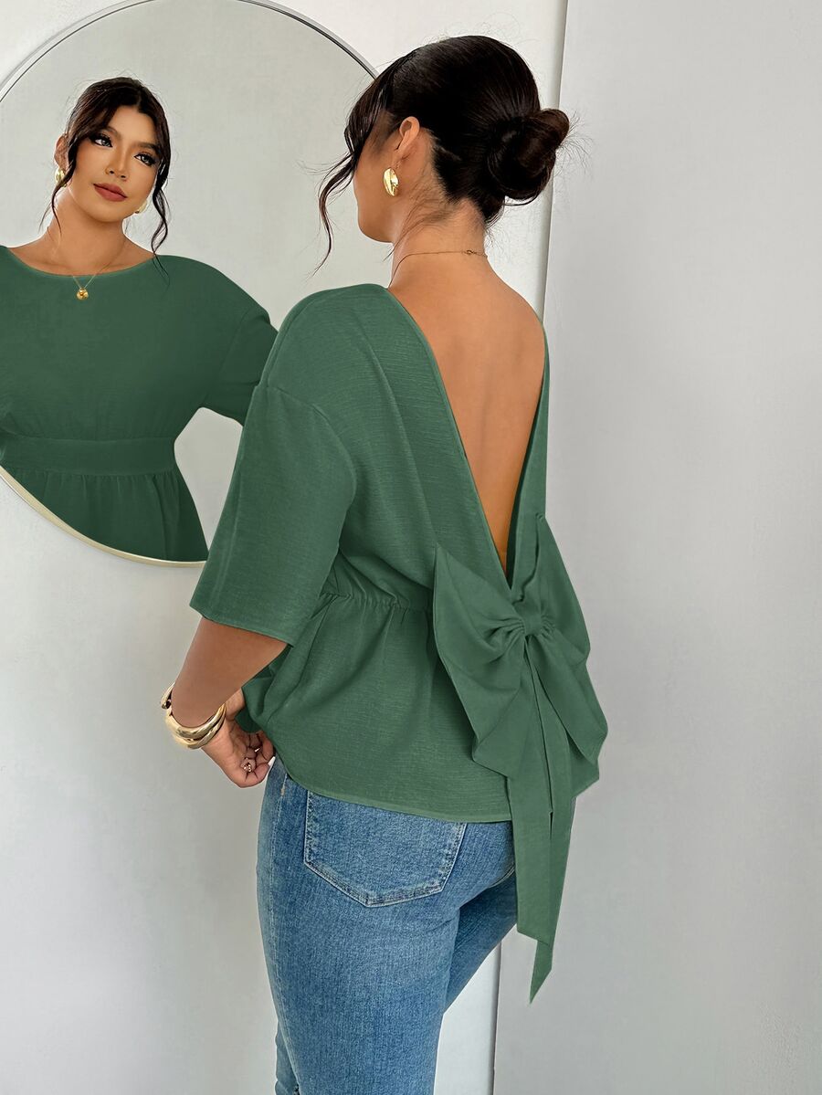 Firerie Plus Size Women Solid Color Backless Casual Versatile Daily Wear Shirt - Green - View 1