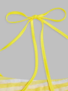 Sweetra Plus Size Striped Asymmetric Neck Spaghetti Strap T-Shirt, Shoulder Exposed, Ruched Waist, Short Length, Sexy Style, Tie Strap, Short Sleeve Top - Yellow - View 7