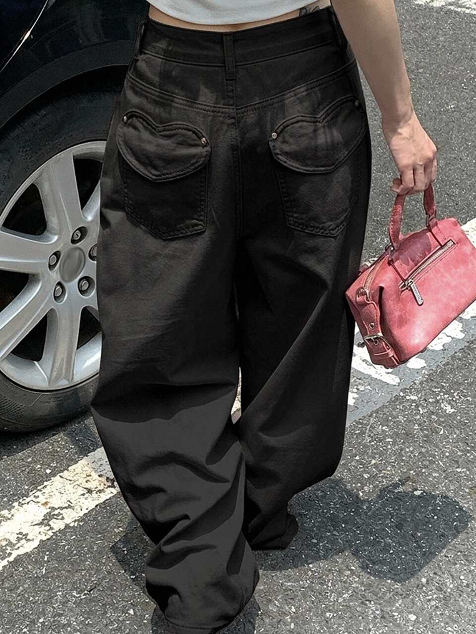 Women's Pink Heart Loose Business Casual Office Wear Wide Leg Straight Leg Jeans, Autumn