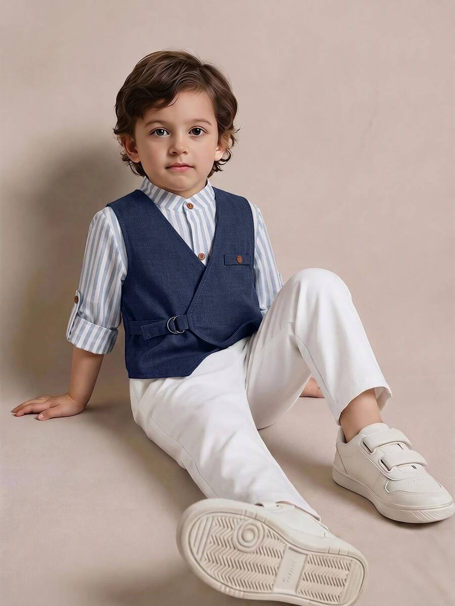 PrepCrw 3-Pack Cute Young Boy Casual Minimalist Academy Style Suit, Includes Regular Vest, Stand Collar Shirt, Adjustable Long Sleeve Top And Trousers, Gentleman Style, Suitable For Birthday Party, Dinner, Performance, Wedding, Baptism, Opening Ceremony And Other Occasions, Indoor And Outdoor, Daily Wear - Multicolor - View 1