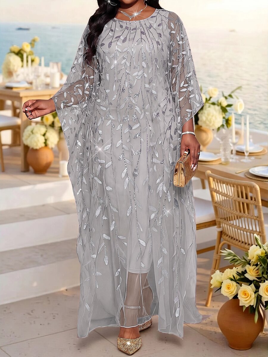 Fleurora Plus Size Women's Floral Embroidered Mesh Batwing Sleeve Elegant Dress - Silver - View 1