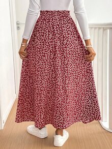 SHEIN Frenchy 女款碎花荷葉邊開衩中長裙 - 鏽棕色 - 查看 2