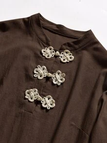 Rusticease Women's Loose Long Sleeve Short Dress With Frog Button Design Everyday Tea Party Night Coffee Brown Autumn Modest Elegance Elegant - Brown - View 3