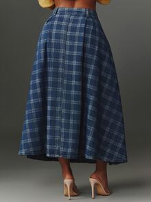 NYA SZN Denim Skirt Maxi Pleated Plaid Medium Wash Everyday Date Casual Going Out Church Modest Elegant Special Occasion Work School Festival Chic Fall Winter - Navy Blue - View 5