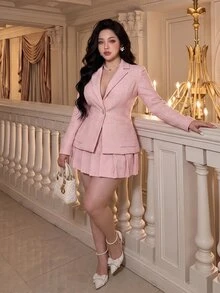 Vibekara Plus Size Women's Lapel NeckLong Sleeve Blazer And Pleated Skirt Set, Pink, Commuter Chic, Early Autumn - Baby Pink - View 5