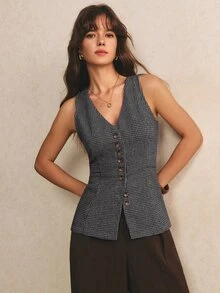 Poéselle Elegant Vintage Tweed Fabric Vest - Dark Grey - View 8