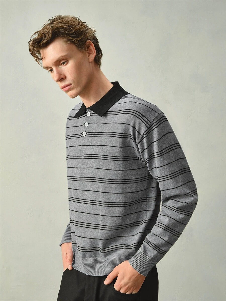 RONVEXI Men's Striped Long Sleeve Polo Collar Casual Sweater - Multicolor - View 1