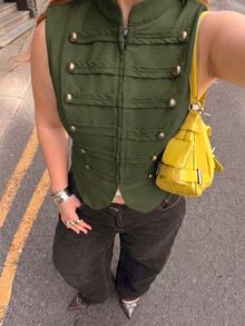 Muchica Vintage Green Casual Plus Size Women's Zipper Front Napoleon Vest Jacket - Fresh Green - View 4