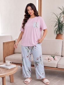 Serenescape Casual Floral Print Patch Pocket Short Sleeve Long Pants Plus Size Pajama Set - Multicolor - View 5
