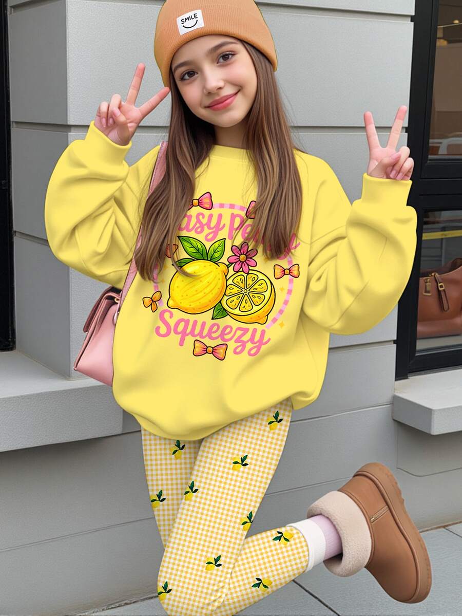 Tween女孩簡約美式復古風,甜美夏季熱帶水果檸檬圖案,復古黃色與白色格紋,圓領休閒落肩衛衣與修身內搭褲2件套,可愛慵懶舒適秋冬款 - 彩色 - 查看 1