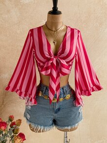Soleia Women's Striped Front Knot Bell Sleeve Fashion Cropped Shirt - Pink - View 3
