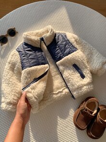 SHEIN 男嬰秋冬拼接色保暖內裡加厚立領長袖夾克 嬰兒外套 抓絨夾克 - 彩色 - 查看 5