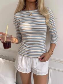 SHEIN EZwear 休閒極簡風 95% 棉性感露肩奶油黃條紋短袖 T 恤，適合春夏穿搭，奶油黃條紋顯白，夏季上衣，適用日常通勤、約會、聚會，秋冬春夏通用，聖誕節、新年、感恩節、派對、婚禮、海灘、畢業典禮，時尚款 - 彩色 - 查看 6