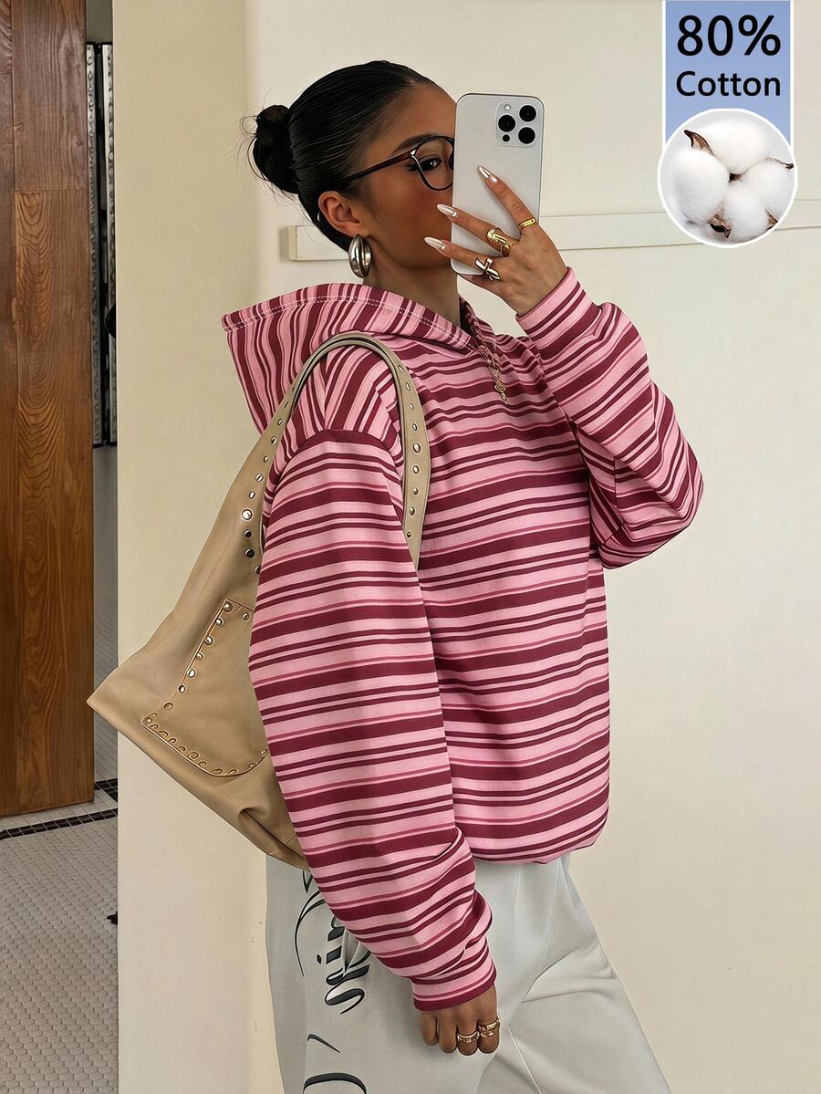 Muchica 80%棉女款休閒連帽衛衣,條紋衛衣,女款秋季服飾,冬季服飾,2026秋冬,休閒,Y2K,女款通勤穿搭,基本款,牛仔女郎,復古,返校,外出,校園服飾 - 彩色 - 查看 1
