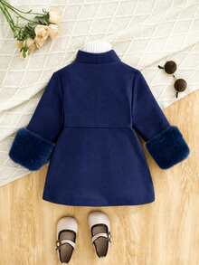 SHEIN Playful Pals 幼女款優雅皇家藍毛絨袖口雙排扣長袖翻領厚款風衣外套，適合聖誕派對、冬季與秋季穿著，時尚風格 - 藏蓝色 - 查看 2