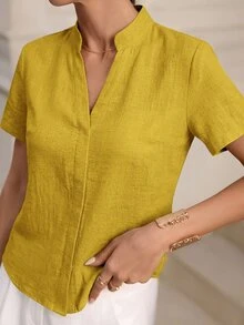 Editum Women's Short-Sleeved Mandarin Collar Linen-Like Tank Top, Versatile And Slimming For Commuting - Yellow - View 4