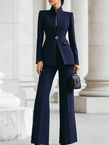 RosyDaze Women's Elegant Commute Exquisite High Neck Blazer And Wide Leg Pants Set - Navy Blue - View 1