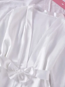 女童白色舒適柔軟緞面公主印花長袖露背繫帶長款睡袍家居服 - 白色 - 查看 4
